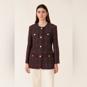 Giovannozzi Purple Plaid Gold Buttons Wool Blazer Made in Italy Size 12